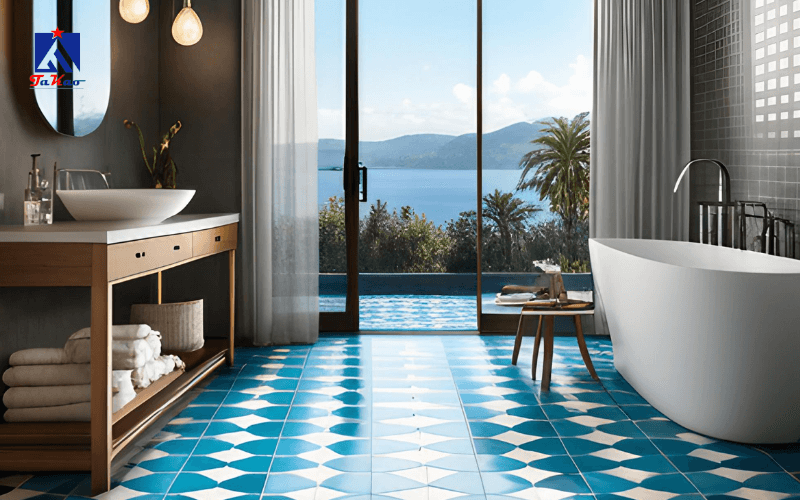 Gạch lát nền màu xanh dương mang đến một không gian hiện đại và thoải mái cho gia đình